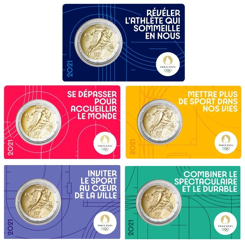 Γαλλία - 2 Ευρώ, Ολυμπιακοί Αγώνες Παρίσι, 2021 (5 coin cards)
